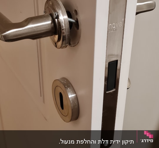 מנעול דלת עם ידית מתכת וברגים חשופים